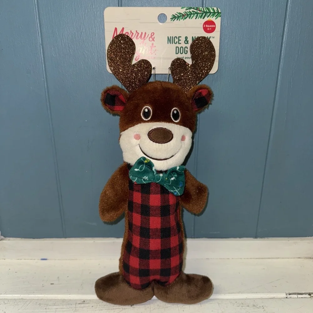 Merry and Bright Nice Noisy REINDEER Dog Toy Squeaky Thrash Plush Toss Shake‎